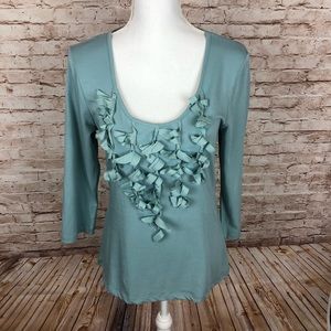 Spense Sz Lg Scoop Neck 3/4 Sleeve Curly Frill Top Blue NWT